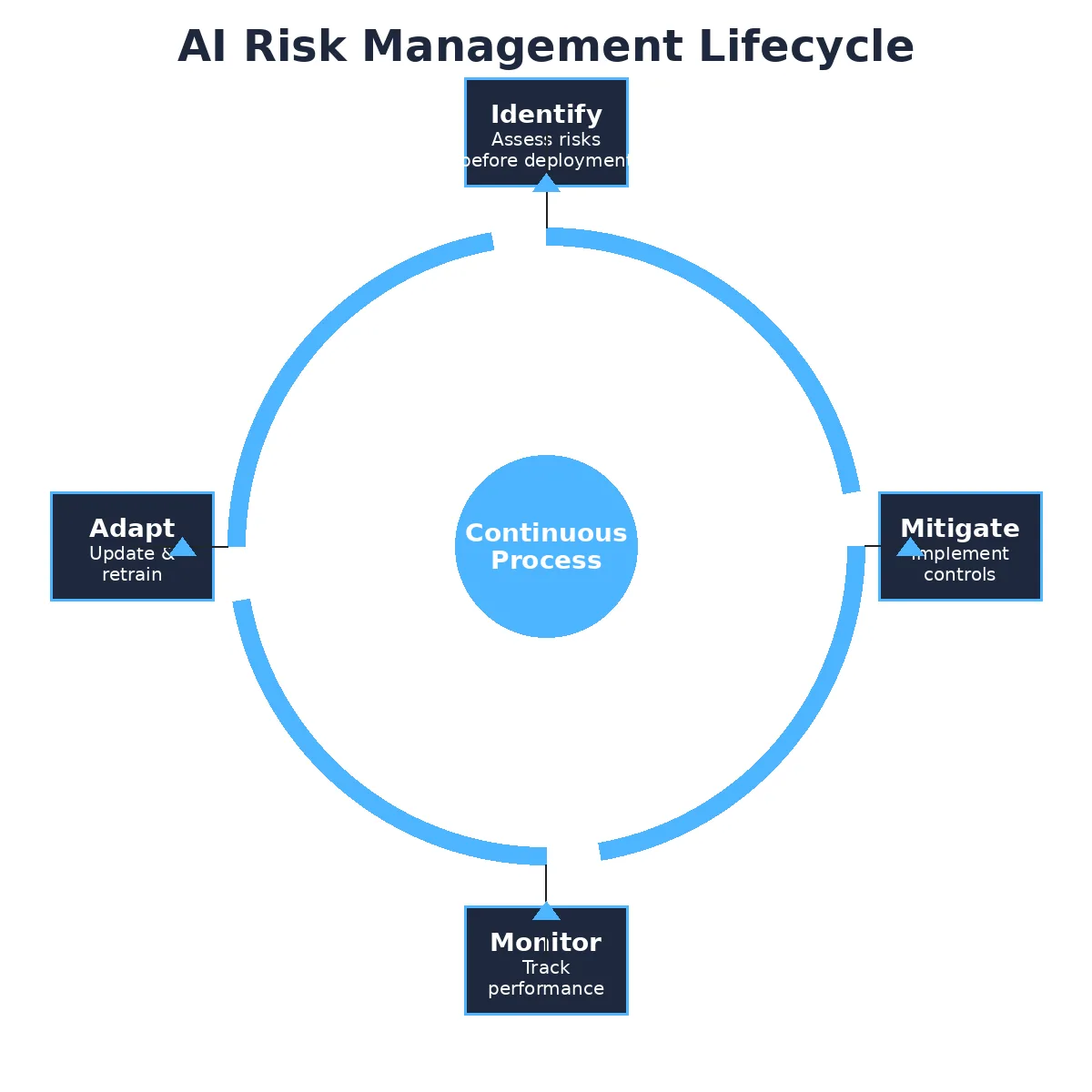 Circular diagram showing four phases of AI risk management lifecycle: Identify, Mitigate, Monitor, and Adapt