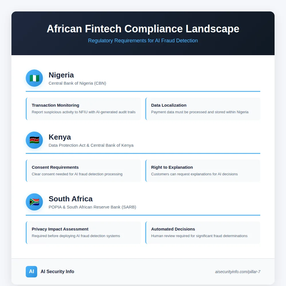 African fintech compliance landscape showing Central Bank of Nigeria CBN guidelines, Kenya Data Protection Act requirements, and South Africa POPIA regulations for AI fraud detection systems