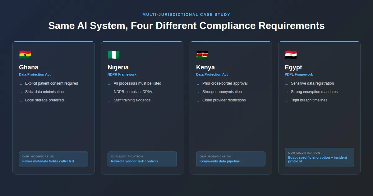 Comparison cards for Ghana, Nigeria, Kenya, and Egypt showing different AI compliance requirements and system modifications needed for each country including data protection laws and specific technical adaptations