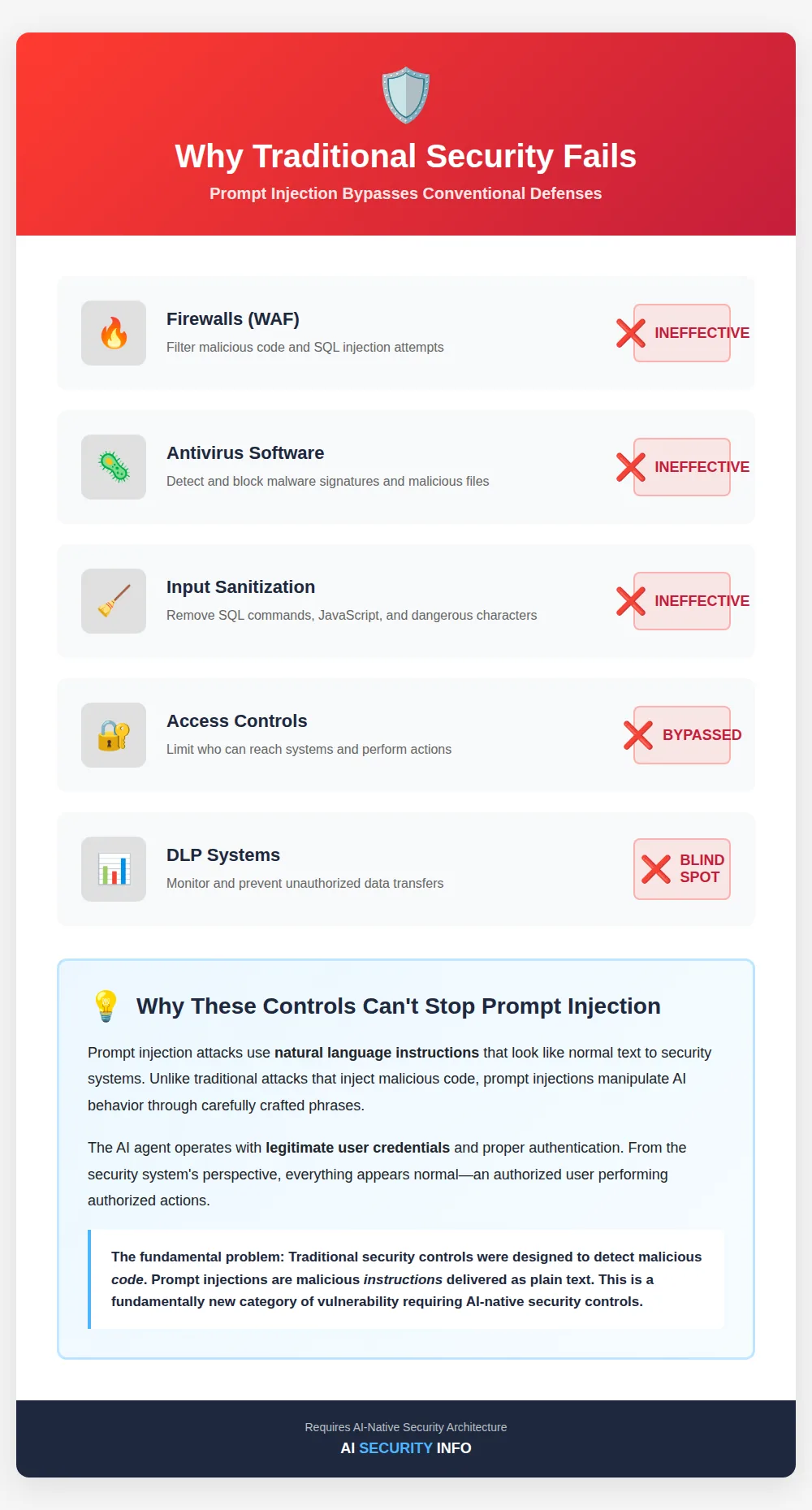Diagram showing why firewalls, antivirus, input sanitization, access controls, and DLP systems fail against prompt injection attacks