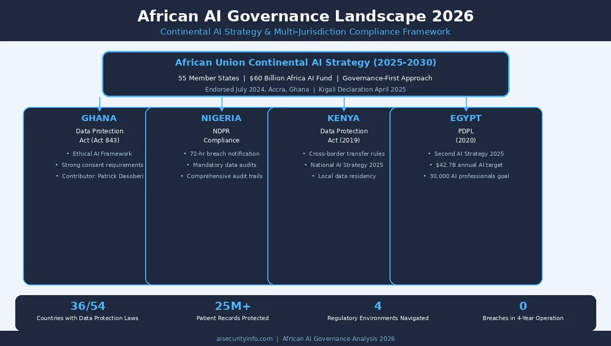 African AI governance landscape diagram showing the AU Continental AI Strategy connecting to four country-level frameworks: Ghana Data Protection Act, Nigeria NDPR, Kenya Data Protection Act, and Egypt PDPL with key implementation statistics