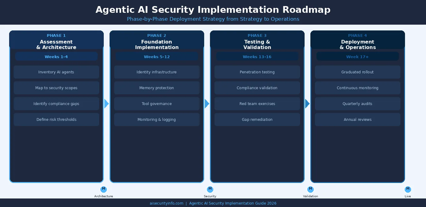 Gantt-style four-phase implementation timeline spanning 16 weeks plus ongoing operations showing Assessment, Foundation Implementation, Testing and Validation, and Deployment phases with key milestone markers