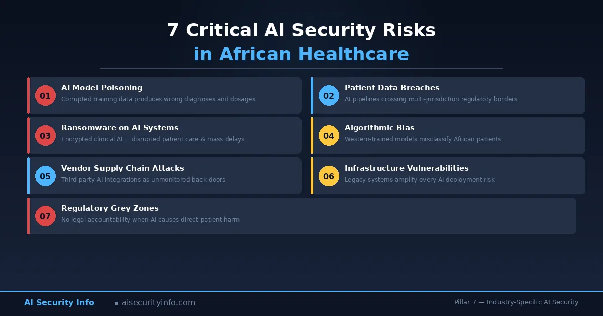 Hero image for the article on AI security risks in African healthcare. Features Africa map with threat indicators over Cairo, Accra, Lagos, Nairobi, and Johannesburg with key statistics.
