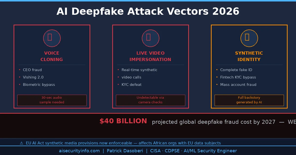 AI-powered deepfake attack vectors 2026 — voice cloning, live video impersonation, and synthetic identity fraud targeting African enterprises